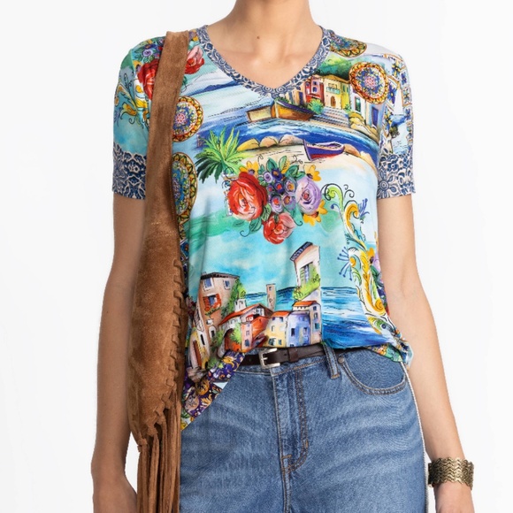 NWT Johnny Was THE JANIE FAVORITE SHORT SLEEVE V‑NECK SWING TEE Size US PXL - Picture 1 of 6